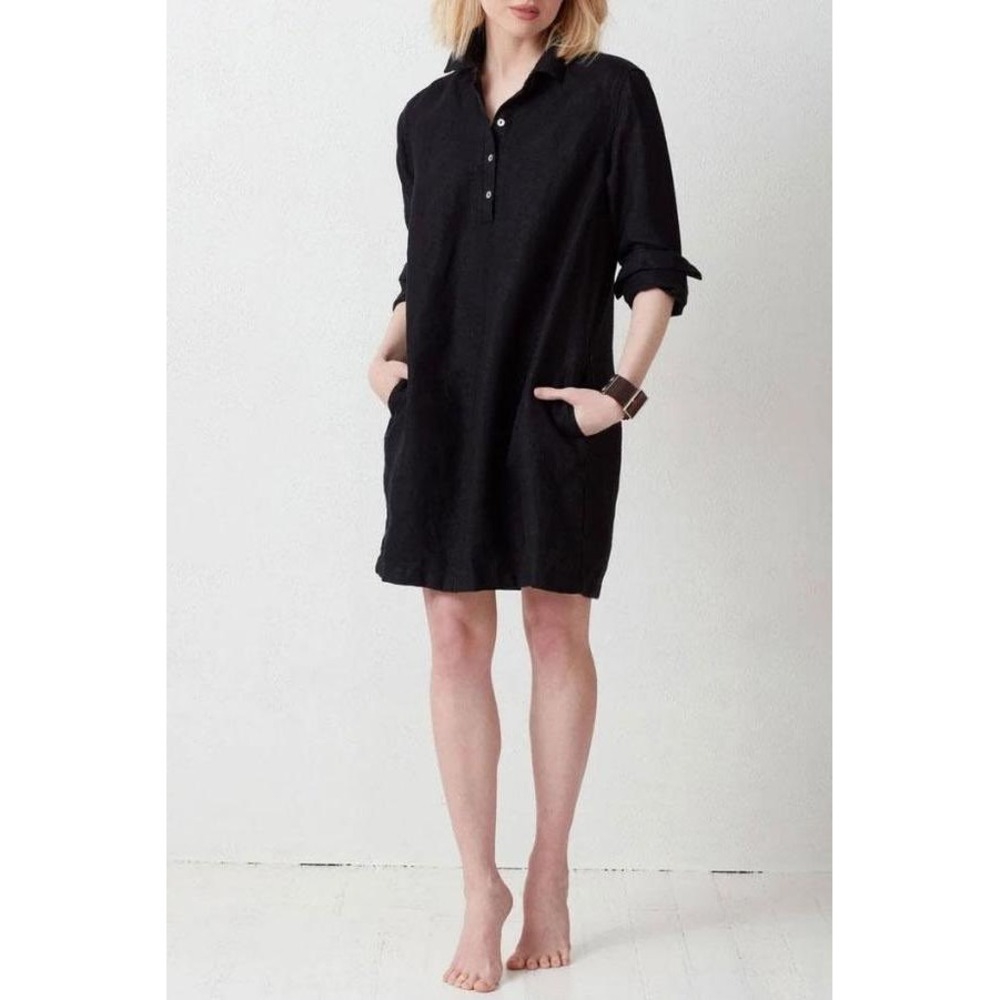 Not Monday Women Amelie‎ Shirt Dress M Black 100% Linen Long Sleeve Popover